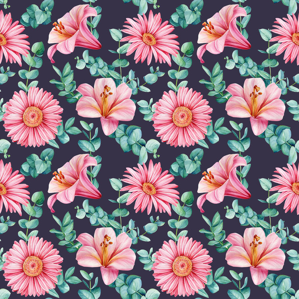 Flower seamless pattern. pink lily and gerbera, watercolor flora wallpaper. High quality illustration - Foto, Imagem