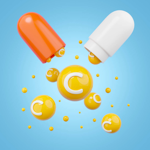 Open oranje capsule pil met vitamine C medicijn op blauwe achtergrond. Gezondheidszorg medische en farmaceutische business concept. Voedingssupplement gezondheid neutraliseren vrije radicalen reclame. 3D-weergave. - Foto, afbeelding