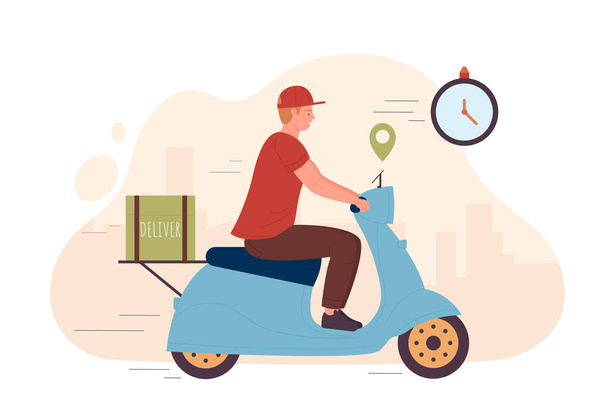 Express delivery service, deliveryman riding scooter fast to deliver orders from cafe, shop or restaurant. Cartoon tiny boy courier on moped and clock flat vector illustration. Shipment concept - Vettoriali, immagini