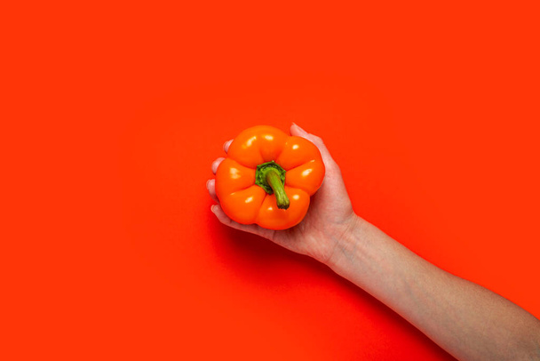 A female hand in the palm holds an orange pepper on a red background. Top view, flat lay. - Φωτογραφία, εικόνα