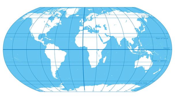 Maailma, tärkeät leveys- ja pituuspiirit, sininen poliittinen kartta. Päiväntasaajaa, Greenwichin pituuspiiriä, arktista ja antarktista piiriä, syövän kääntöpiiriä ja Kaurista. Kuvitus. Vektori. - Vektori, kuva
