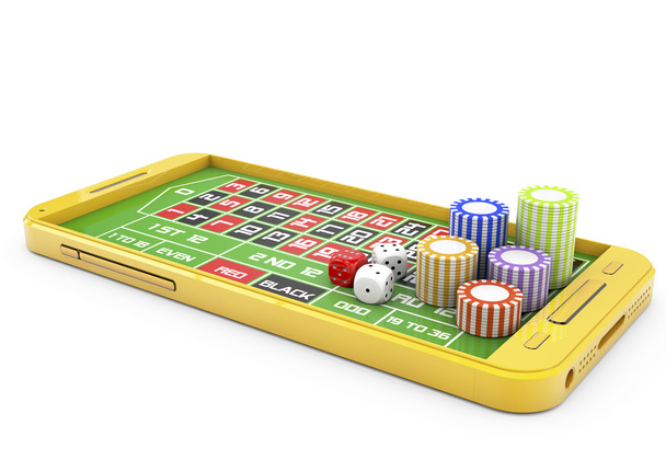 concepto de casino 3d, smartphone y chips
 - Foto, imagen