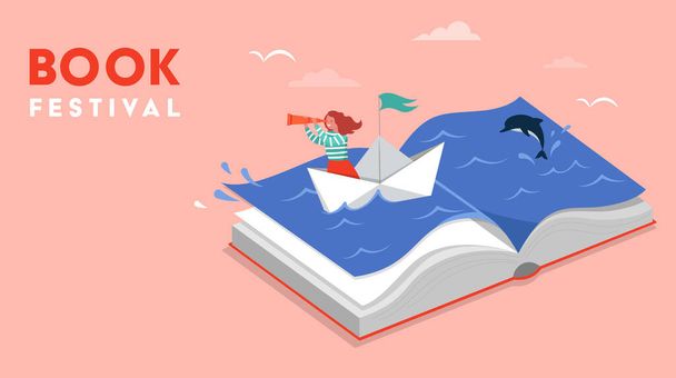 Koncepcja festiwalu książki małej dziewczynki pływającej łódką i czytającej otwartą ogromną książkę. Koncepcja fantazji i wyobraźni. Ilustracja wektora, plakat  - Wektor, obraz