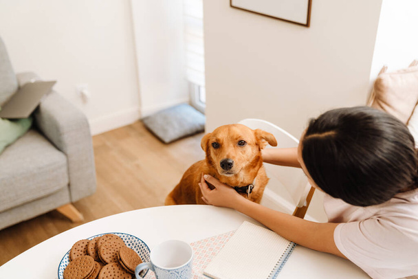 Young hispanic woman petting her dog while sitting at table at home - Foto, immagini