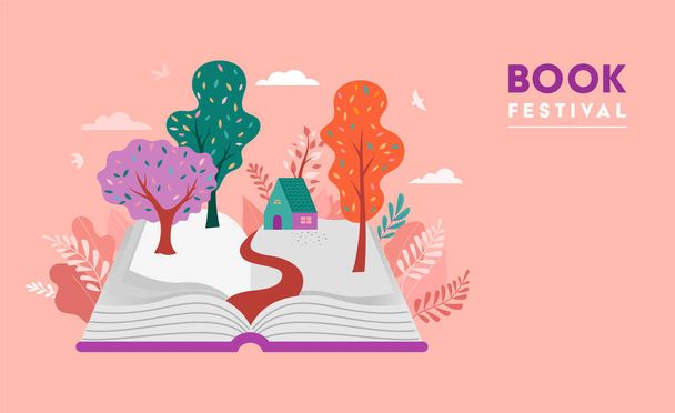 Book festival concept of a small house in the middle of forest, placed on the open huge book. Back to school, library concept design. Vector illustrated poster and banner - Vector, afbeelding