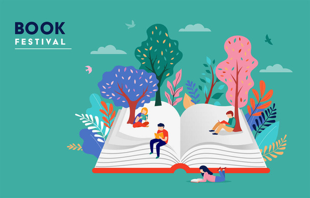 Kitap festivali konsepti, küçük insanlar, açık büyük bir kitap okuyan çocuklar. Okula dönmek, kütüphane tasarımı. Vektör resimli poster ve afiş - Vektör, Görsel