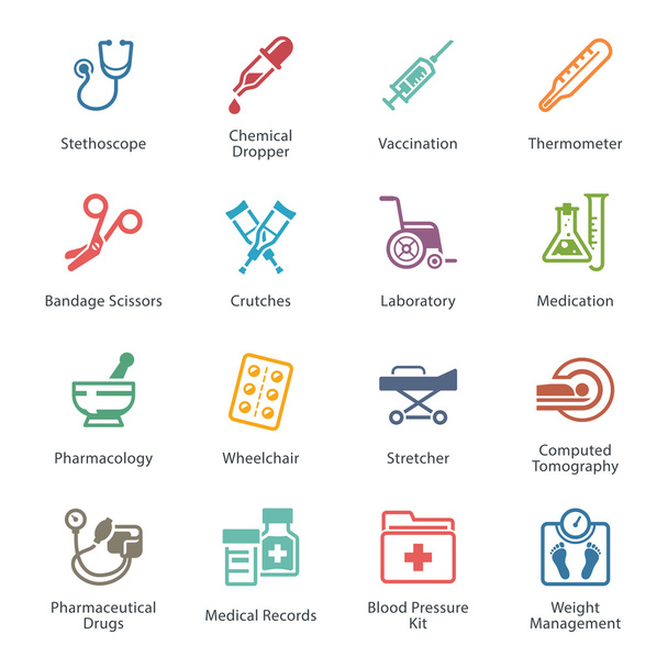 Farbige Symbole für Medizin und Gesundheitswesen Set 1 - Ausrüstung & Zubehör - Vektor, Bild