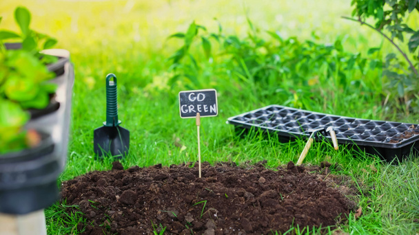 Board with go green lettering in soil near gardening tools and grass in garden  - Φωτογραφία, εικόνα
