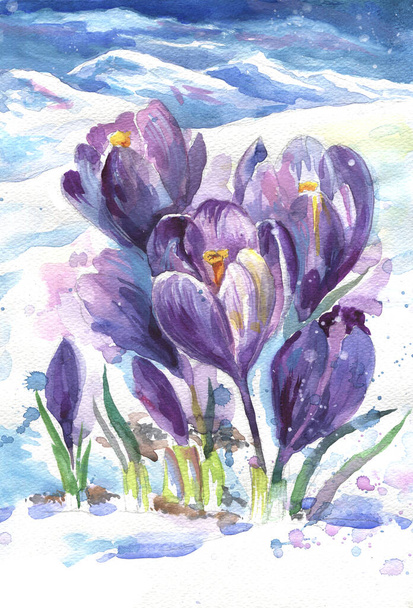 Flowers crocuses image blue snowdrops images spring. Watercolor seamless pattern. - Zdjęcie, obraz