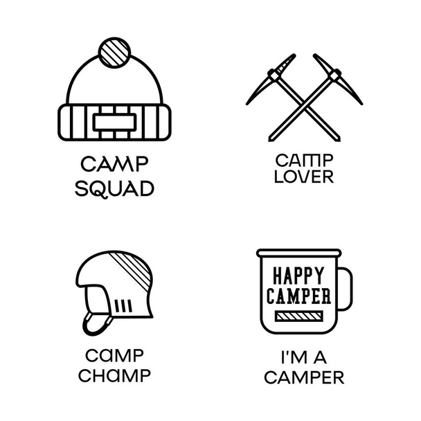 Camping Logo Icon Design in minimalist Line Art Style with Quote - Im a Camper. Travel linear Emblem. Hiking Silhouette Label. Stock vector Badges Set. - Vettoriali, immagini