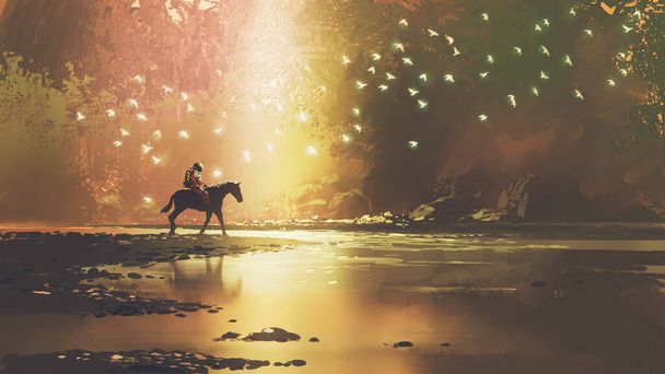 astronaut on horse traveling to a magical land, digital art style, illustration painting - Fotoğraf, Görsel