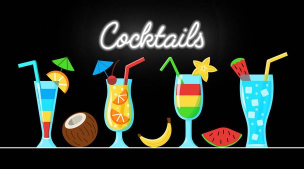 Vector cocktails with fruits on the table near neon 'Cocktail' sign on black background. Drinks collection in cartoon style - Διάνυσμα, εικόνα