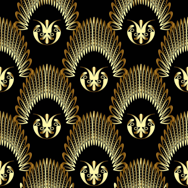 3d luxury floral Deco seamless pattern. Black and gold beautiful ornamental vector background. Repeat ornate backdrop. Surface floral tiled golden ornaments with flowers, dots, lines. Endless texture. - Διάνυσμα, εικόνα