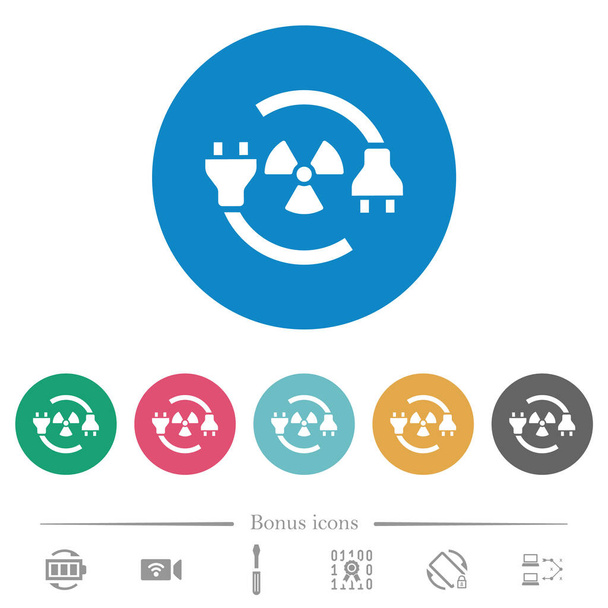 Nuclear energy flat white icons on round color backgrounds. 6 bonus icons included. - Vettoriali, immagini
