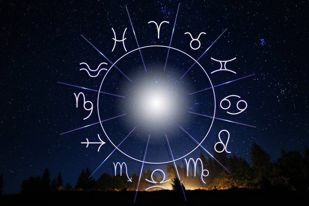 Illustration of zodiac wheel with astrological signs against starry sky in night - Zdjęcie, obraz