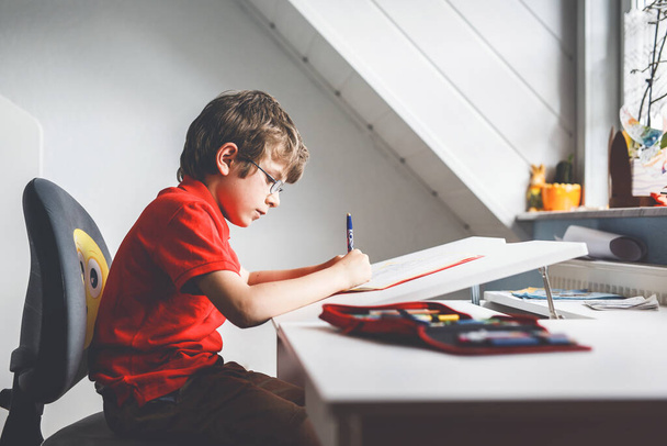 Portrait of little kid boy with glasses at home making homework, writing and learning. Little child doing exercise, indoors. Elementary school and education, home schooling concept - Фото, изображение