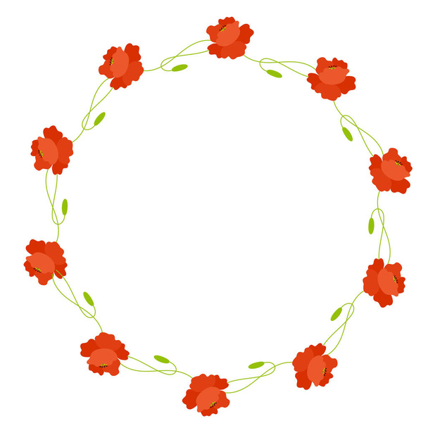 Кругла рамка з квітучими червоними маковими квітами з бутоном. Картонна серветка, прикраса. Векторні ілюстрації. Квітковий візерунок для декору, дизайну, друку та серветок
 - Вектор, зображення