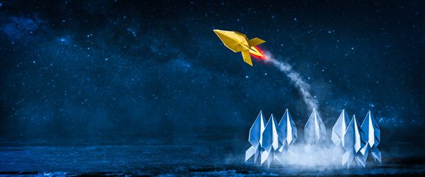 Yellow Paper Rocket Launching For The Stars From Group Others - Business Opportunity - Entrepreneur Concept - 写真・画像