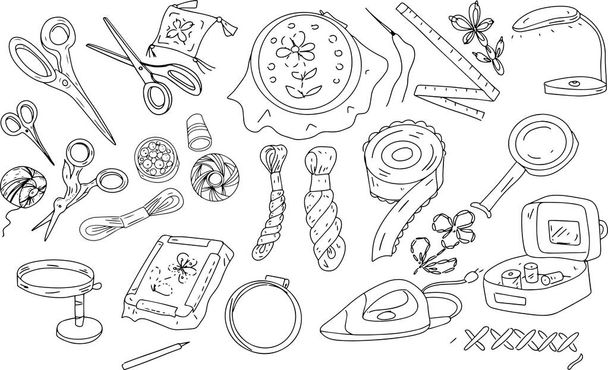 Embroidery sewing embroidery set doodles hand drawn hoop thread scissors separate elements on a white background  - Wektor, obraz