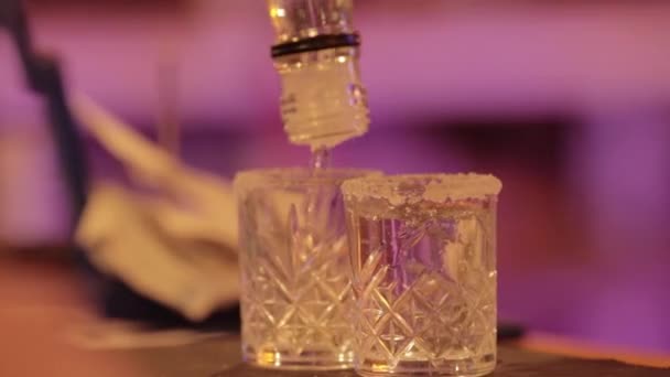 Bartender fills shots with tequila in a nightclub. Mid shot - Video, Çekim