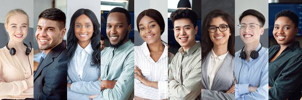 Kariyer, iş, milenyum konsepti. Çok ırklı gülümseyen gençlerin fotoğraflarının toplanması iş yerinde poz veren pozitif erkek ve kadınların ilgisini çekiyor, kolaj - Fotoğraf, Görsel