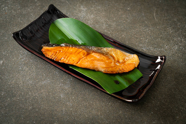 Grilled Salmon Steak with Soy Sauce on plate - Japanese food style - Zdjęcie, obraz