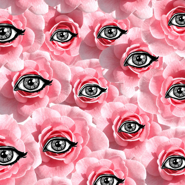 Kortárs művészeti kollázs. Szürreális virágok szeme és rózsái. Tavaszi nő koncepció.  - Fotó, kép