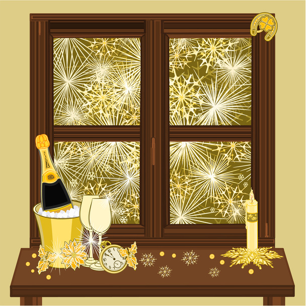 New Year fireworks and window vector - Vector, Image