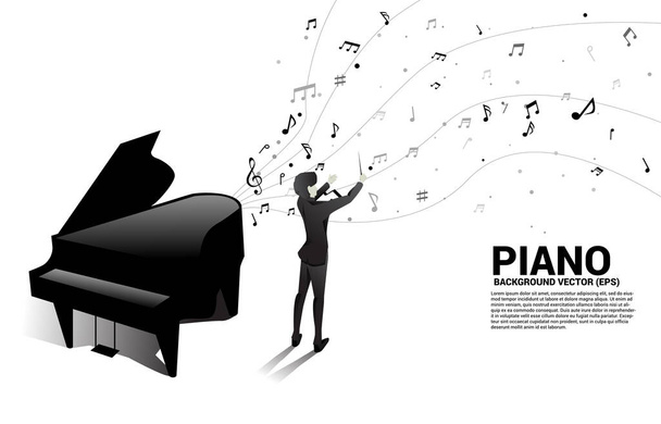 Vector silhouette of conductor with grand piano with music melody note dancing flow. Concept background for song and concert theme. - Vector, Image