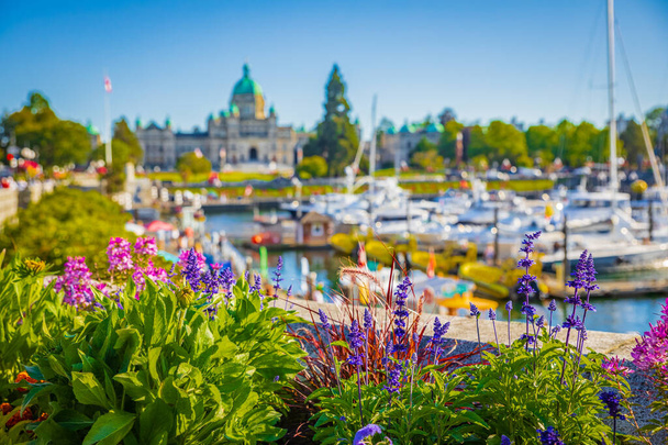Victoria, British Columbia, Kanada-verschwommenes Foto. Victoria Harbour und Parlamentsgebäude an einem sonnigen Sommertag. Inner Harbour, beliebtes Touristenziel mit Ökotouren, einzigartigen Geschäften-19. Juli 2022 - Foto, Bild