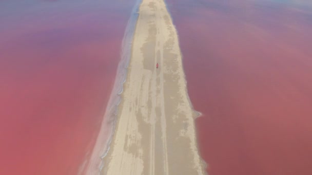 AEREO: Giovane turista cammina lungo una strada sterrata vuota attraversando i famosi laghi rosa dello Yucatan in una giornata di sole. Donna caucasica in vacanza estiva esplora i pittoreschi campi di sale di Las Coloradas. - Filmati, video