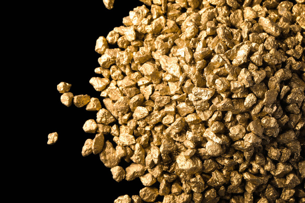 Pile of gold nuggets on black background, flat lay - Φωτογραφία, εικόνα