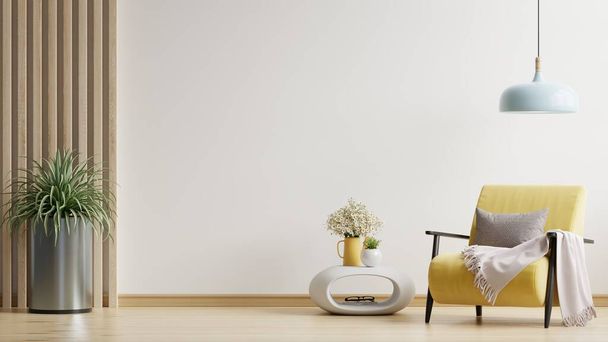 Interior minimalista moderno con un sillón amarillo sobre fondo de pared blanco vacío.Representación 3D - Foto, Imagen