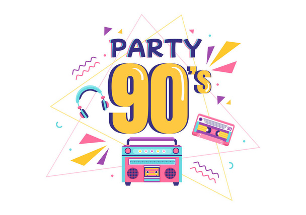 Ilustração de fundo dos desenhos animados da festa retrô dos anos 90 com música dos anos noventa, tênis, rádio, tempo de dança e fita cassete no design de estilo liso na moda - Vetor, Imagem
