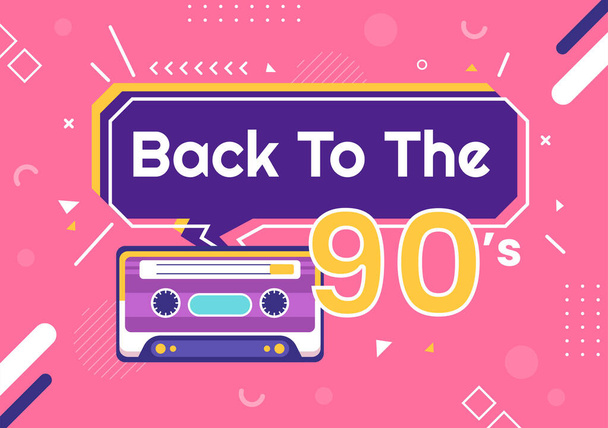 Ilustração de fundo dos desenhos animados da festa retrô dos anos 90 com música dos anos noventa, tênis, rádio, tempo de dança e fita cassete no design de estilo liso na moda - Vetor, Imagem