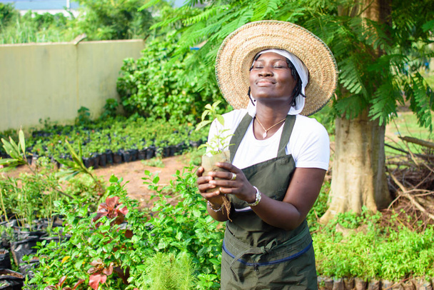 Szczęśliwy afrykański ogrodnik, kwiaciarnia lub ogrodnik noszący fartuch i kapelusz, trzymając torbę roślin, jak ona pracuje w ogrodzie zielone i kolorowe kwiaty - Zdjęcie, obraz