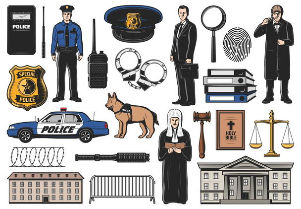 Law enforcement service and court justice icons. Policeman, judge and lawyer, detective, courthouse and jail, police car, officer cap with badge and dog, fingerprint, scales of justice, bible vector - Vector, Image