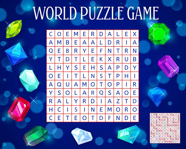 Gems, jewels and crystals word search puzzle game worksheet, kids quiz grid. Vector crossword brainteaser for children with cartoon precious gemstones and crystals at square field - Διάνυσμα, εικόνα