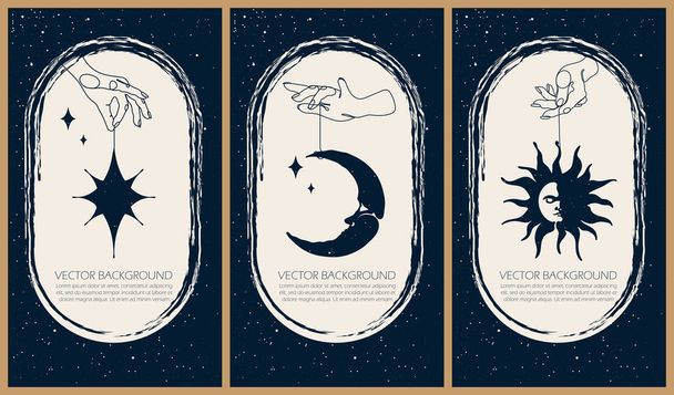 Collection of mysterious vector illustrations for stories templates, mobile app, landing page, web design, posters. Occult magic background for astrology, divination, tarot concept. Sun, moon, star. - Vettoriali, immagini