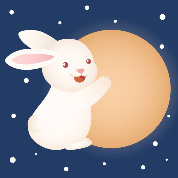cute mid autumn festival bunny rabbit hugging big moon - Vektör, Görsel