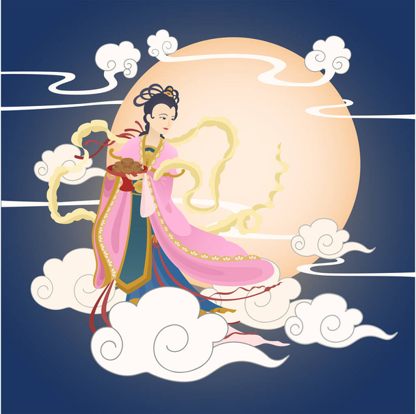 mid autumn festival moon goddess holding moon cake with big moon background - Vetor, Imagem