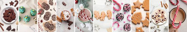 Set of delicious Christmas desserts and cacao drinks on light background, top view - Foto, afbeelding