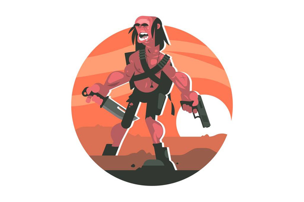 Cruel wanderer with weapons vector illustration. Terrible man holding gun and knife in hands flat style concept. Horrible guy with firearms on battle field. War and fighting idea - Vector, Imagen
