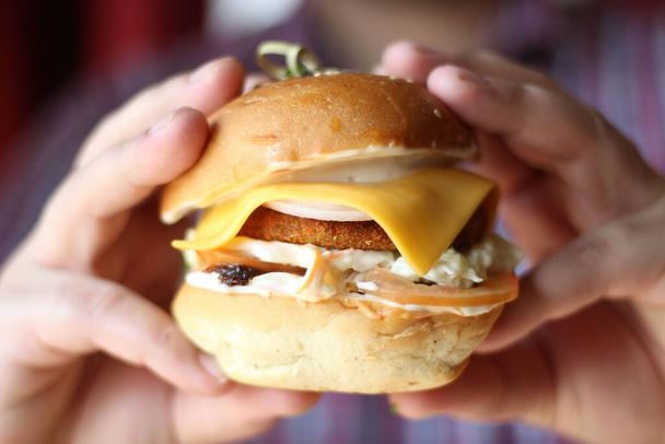 A closeup shot of cheese burger sandwich in a human hands - 写真・画像