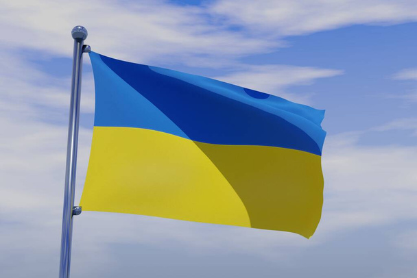 A 3d rendering of Ukraine's flag waving in the wind against the blue sky - Foto, imagen