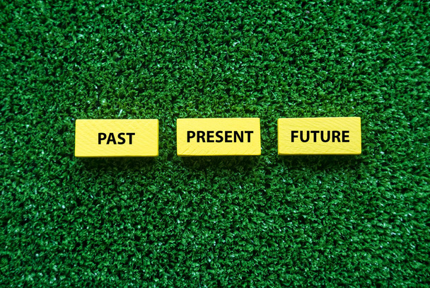 A yellow wooden cube written with text of Past, Present and Future on a green grass background - Foto, immagini