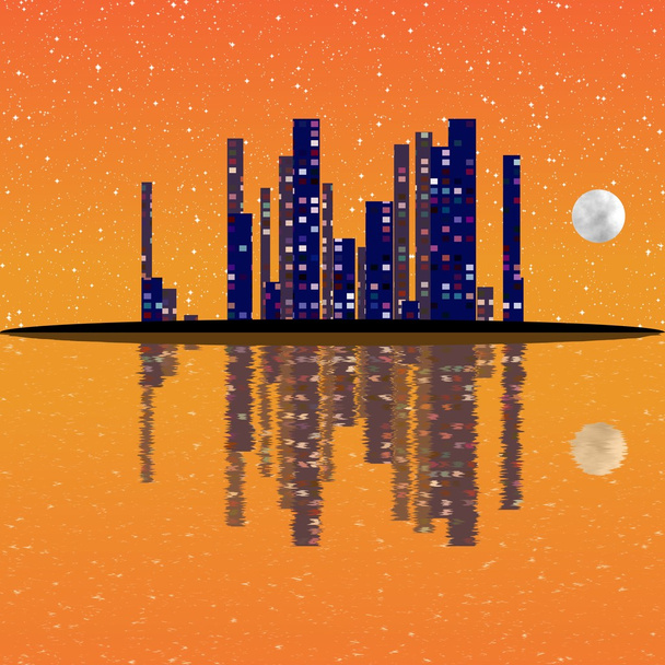 Illustration du paysage urbain nocturne avec bâtiments sur l'île
 - Photo, image