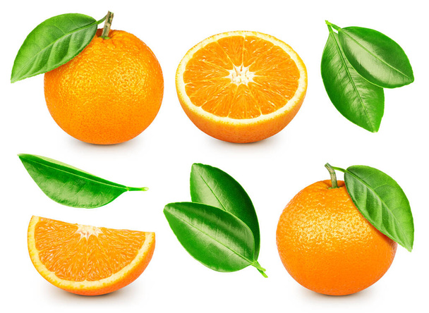 Orange with leaves isolated on white background. Orange Clipping Path. Orange macro studio photo - Foto, Imagem