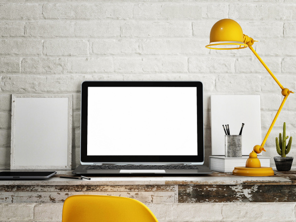Laptop on table, White brick wall background - Photo, Image