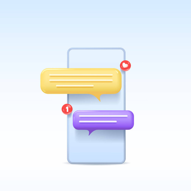 Smartphone with chat bubble talk icons and notification on blue background. Like button and message notification. Vector illustration. - Διάνυσμα, εικόνα